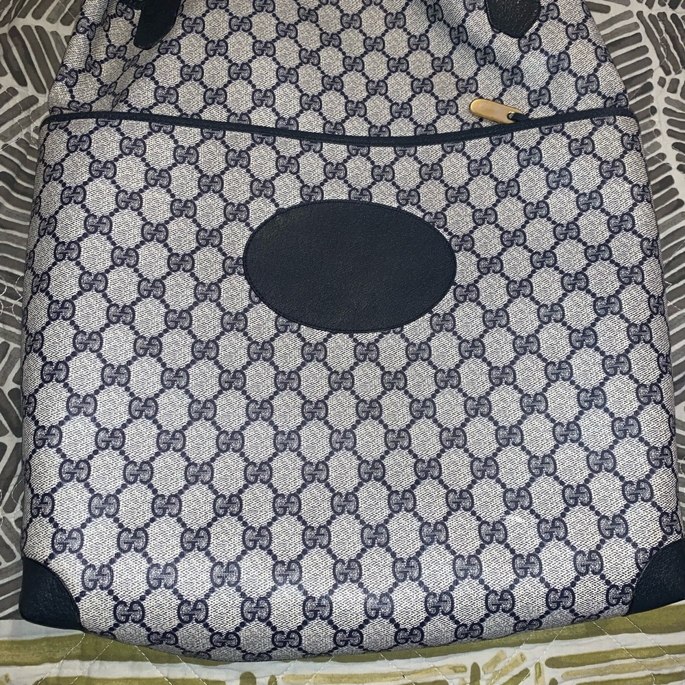Gucci Vintage Sherry Shoulder Tote Navy Blue Canvas Leather